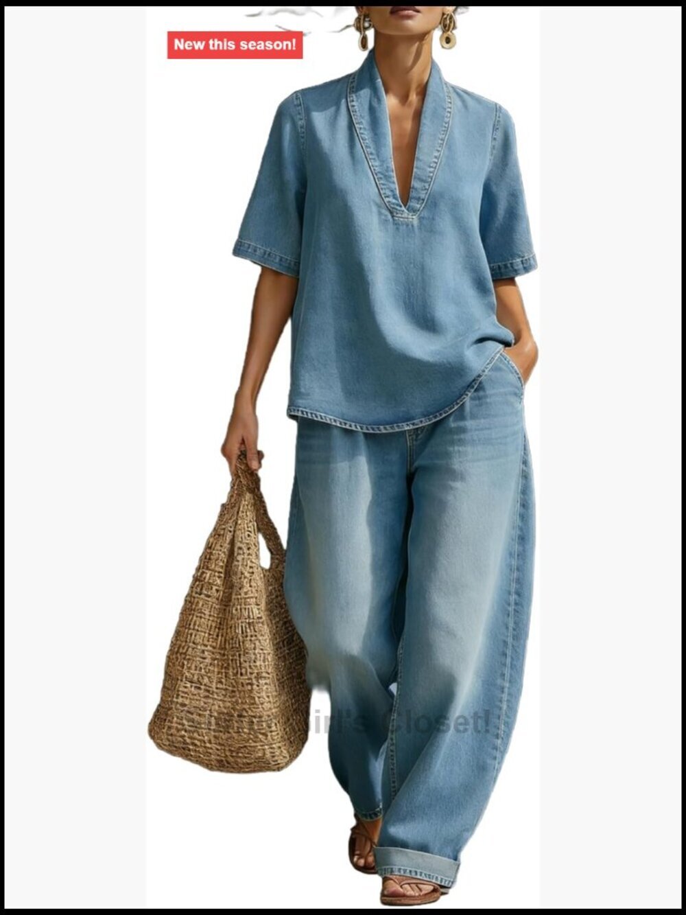 Women's 2 Piece Short Sleeve V Neck Loose Top and Wide Leg Pants Set